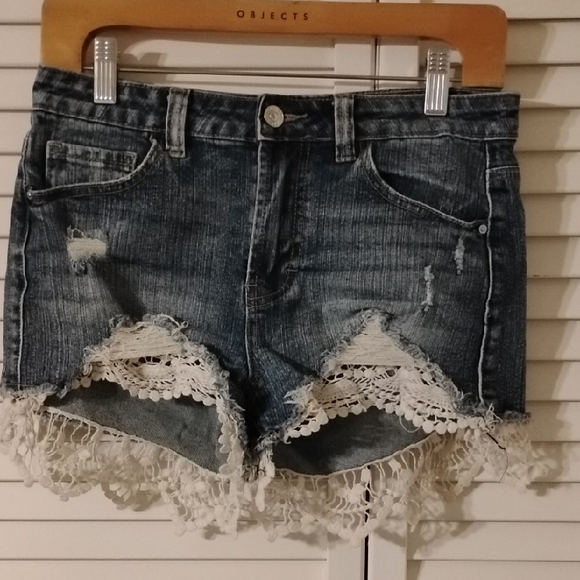 Almost Famous Pants - Almost Famous Blue Jean Shorts with Lace Trim